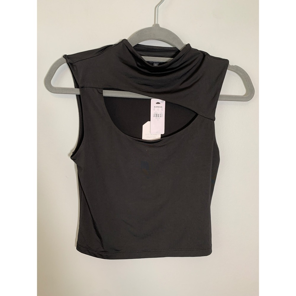 NEW Express Body Contour Cutout Top Women Small Black High Neck Compression